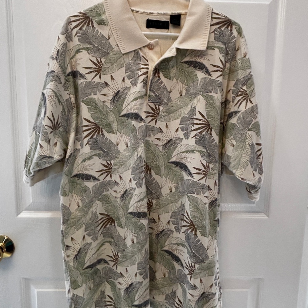 Leaf Pattern Polo Shirt - Cream and Green